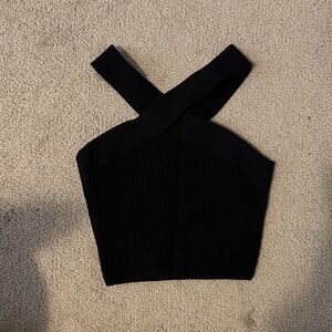 Babaton Black Ribbed Cross-Strap Crop Top